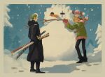  3boys absurdres angry black_coat black_pants blue_hat border carrot cigarette coat commentary deer_boy earmuffs full_body furry furry_male gloves green_coat grin hat highres jennyandloiryan long_sleeves male_focus multiple_boys one_piece outdoors pants red_gloves roronoa_zoro sanji_(one_piece) shadow smile smoke smoking snow snow_on_head snowball snowman sword symbol-only_commentary tony_tony_chopper weapon white_border winter 