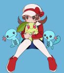  1girl blue_background blue_overalls blush_stickers bow brown_eyes brown_hair cabbie_hat chikorita closed_mouth commentary_request hat hat_bow highres holding holding_pokemon long_hair lyra_(pokemon) momotose_(hzuu_xh4) overalls pokemon pokemon_(creature) pokemon_(game) pokemon_hgss red_bow red_footwear red_shirt shirt shoes simple_background smile thighhighs twintails twitter_username white_headwear white_legwear wooper 