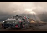  1other absurdres audi audi_s3 car chinese_commentary cloud cloudy_sky commentary_request day dirt drifting grey_sky helmet highres hill light_rays logo motion_blur motor_vehicle motorcycle_helmet mountainous_horizon original outdoors product_placement race_vehicle racecar rally_car signature sky smoke spoiler_(automobile) sponsor sunbeam sunlight translation_request vehicle_focus yukikaze_supersylph 