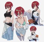  1girl amate_yuzuriha aqua_eyes bike_shorts black_sports_bra blush bra breasts closed_mouth conch_(gundam) cosplay gloves gundam gundam_gquuuuuux haro highres holding looking_at_viewer low-cut_armhole multicolored_hair non-humanoid_robot o6nuqm open_mouth panties pants purple_hair red_hair robot shirt short_hair shuji_ito shuji_ito_(cosplay) simple_background smile sports_bra sportswear underwear white_background 