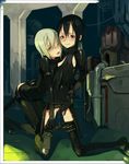  2girls arched_back ass black_pants blame! blush bodysuit breastless_clothes breasts cibo closed_mouth clothes_pull covered_navel drooling fakepucco flashing green_eyes hair_between_eyes hand_on_another's_arm hand_on_another's_ass indoors kneeling leaning_forward looking_at_viewer multiple_girls no_panties nose_blush open_mouth pants pants_pull pulling_another's_clothes pussy_juice pussy_juice_trail red_eyes safeguard_(blame!) saliva sanakan short_hair skinny small_breasts smile sweat thigh_gap unzipped yuri zipper 