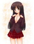  after_fellatio black_hair blush breasts cleavage copyright_request cum large_breasts long_hair open_mouth shima-shuu skirt solo unbuttoned yellow_eyes 