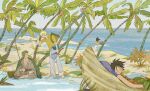  3boys bag banana_boat barefoot black_hair blonde_hair boat commentary_request day facing_viewer feleven fishing fishing_rod green_hair highres island japanese_clothes looking_at_another looking_to_the_side lying monkey_d._luffy multiple_boys on_back one_piece outdoors palm_tree rain roronoa_zoro sanji scar sitting sleeping sleeveless sleeves_rolled_up standing tony_tony_chopper tree water watercraft wind 