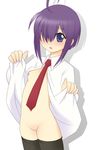  ahoge arched_back blue_eyes blush bottomless flat_chest hair_over_one_eye kurappii mahou_sensei_negima! miyazaki_nodoka necktie no_bra open_clothes open_mouth open_shirt purple_hair shadow shirt solo thighhighs 