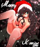  2001 aqua_eyes breasts brown_hair christmas convenient_censoring convenient_leg curly_hair hair_censor hair_over_breasts hat lace lace_legwear large_breasts long_hair merry_christmas nude odagiri_sakura original santa_hat solo thighhighs thighhighs_pull white_legwear 