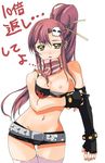  amaya_yuu arm_at_side belt black_gloves blush breasts elbow_gloves fingerless_gloves gloves hair_ornament hair_stick long_hair looking_at_viewer medium_breasts mismatched_gloves navel nose_blush pink_legwear ponytail red_hair scarf sidelocks simple_background single_elbow_glove skull_hair_ornament solo studded_belt tengen_toppa_gurren_lagann thigh_gap thighhighs undressing white_background yellow_eyes yoko_littner 