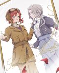  2girls :d alternate_costume aviator_cap black_jacket blue_eyes blue_skirt brown_hat brown_jacket brown_pants center_frills character_name dutch_angle english_text falling_petals flight_suit frills goggles goggles_on_headwear grey_eyes grey_hair hand_on_another&#039;s_shoulder hand_up hands_up hat highres holding_tape_measure index_finger_raised jacket long_skirt looking_at_another low_ponytail marsha_(reverse:1999) mirror multiple_girls pants petals ponytail profile red_hair reverse:1999 scar scar_on_hand sentinel_(reverse:1999) shirt short_hair skirt smile tape_measure white_background white_shirt yurax-mae 