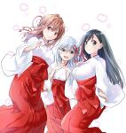  3girls absurdres amagami-san_chi_no_enmusubi amagami_asahi amagami_yae amagami_yuna black_hair blue_eyes blush breasts closed_mouth commentary_request green_eyes hair_ribbon hakama hakama_skirt hand_on_own_chest highres interlocked_fingers japanese_clothes kimono large_breasts long_hair long_sleeves looking_at_viewer marcey medium_breasts medium_hair miko multiple_girls open_mouth orange_eyes orange_hair own_hands_together red_hakama red_ribbon ribbon second-party_source siblings simple_background sisters skirt small_breasts smile white_background white_hair white_kimono wide_sleeves 