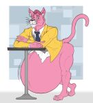  2022 absurd_res anthro belly big_belly bodily_fluids bottomless bottomless_anthro bottomless_male claws closed_mouth clothed clothing cougar crossed_arms eggo21 felid feline fur hair hanna-barbera hi_res hyper hyper_belly inner_ear_fluff jacket leaning leaning_forward leaning_on_table looking_at_viewer male mammal necktie nervous nervous_smile nervous_sweat pink_body pink_fur pink_hair raised_tail shirt snagglepuss solo sweat sweatdrop tiptoes toe_claws topwear tuft whiskers 