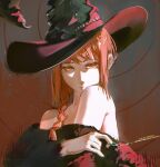  1girl black_dress braid chainsaw_man closed_mouth dress hat highres jsebaxx long_hair looking_at_viewer makima_(chainsaw_man) off-shoulder_dress off_shoulder red_eyes red_hair ringed_eyes solo witch witch_hat 