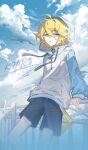  1boy :o absurdres adapted_costume against_railing ahoge aotu_world artist_name belt black_shorts blonde_hair blue_eyes blue_sky character_name chinese_commentary cloud cloudy_sky day drawstring english_text feet_out_of_frame hair_between_eyes highres hood hood_up hoodie king_(aotu_world) long_sleeves looking_at_viewer male_focus multicolored_hoodie open_mouth outdoors pointy_ears qiyu1125king railing short_hair shorts sidelocks sky solo watermark watermark_grid white_hoodie yellow_belt 