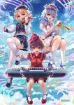  3girls black_hat black_skirt black_vest blonde_hair blue_hair blue_shoes blue_sky blush bobby_socks breasts brown_hair chunithm cloud collarbone commentary crescent crescent_hat_ornament floating frilled_hat frilled_sailor_collar frills hat hat_ornament highres holding holding_instrument instrument instrument_on_lap keyboard_(instrument) kneehighs looking_at_viewer lunasa_prismriver lyrica_prismriver mary_janes medium_breasts merlin_prismriver multiple_girls musical_note musical_staff official_art outdoors pink_hat pink_skirt pink_vest red_hat red_shoes red_shorts red_vest sailor_collar shirt shoes short_hair shorts siblings side_slit sisters skirt skirt_set sky smile socks star_(symbol) star_hat_ornament sun_hat_ornament thighhighs tocope touhou trumpet vest violin white_shirt white_socks white_thighhighs 