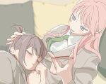  2girls akdrh25 bang_dream! bang_dream!_it&#039;s_mygo!!!!! blazer blurry blurry_background chihaya_anon collared_shirt commentary couple cushion depth_of_field green_necktie grey_eyes grey_hair grey_jacket hair_tie haneoka_school_uniform jacket light_blush long_hair long_sleeves looking_at_another looking_down lying multiple_girls necktie on_side open_mouth pink_hair ponytail reclining rubber_band school_uniform shirt short_hair short_ponytail sleeping sleeping_on_person takamatsu_tomori topknot tying_another&#039;s_hair white_shirt wing_collar winter_uniform wispy_bangs yuri 