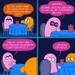 1:1 2023 3_toes 4_fingers 4_panel_comic armless asking asking_another black_eyes blue_eyelids blue_eyes blue_line_art blue_tablecloth blue_wall bodily_fluids bow_tie candle chair colored colored_line_art comic date dialogue digital_media_(artwork) duo english_description english_text eye_contact eyebrows eyelashes feet female fingers fire furniture ghost green_bow_tie half-closed_eyes hi_res inside interspecies light lighting limbless lit_candle looking_at_another looking_away male male/female narrowed_eyes nervous nervous_sweat no_pupils noseless on_chair orange_body orange_skin pac-man_(series) pink_body pink_eyebrows pink_line_art pinky_(pac-man) q-bert q-bert_(character) question speech_bubble spirit squint standing_on_chair sweat sweaty_body table tablecloth talking_to_another tanookitalez text thin_eyebrows toes waddling_head wall_(structure) white_mouth