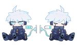  1boy ahoge android aqua_eyes battery_indicator cable charging_device chibi chibi_only closed_eyes commentary_request danganronpa_(series) danganronpa_v3:_killing_harmony fox_(770205490) full_body highres jitome k1-b0 male_focus multiple_views paw_print_soles short_hair simple_background sitting white_background white_hair 