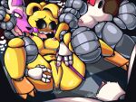 animatronic anthro anus areola avian avian_feet beakless bird black_nose black_sclera blush blush_lines bound bow_tie breasts canid canine chicken clothing clothing_aside duo eyelashes feathers female female/female five_nights_at_freddy&#039;s five_nights_at_freddy&#039;s_2 fox fur galliform genitals head_feathers head_tuft lying machine mammal mangle_(fnaf) navel nipples nude on_back open_mouth orange_eyes panties panties_aside phasianid pink_areola pink_nipples purple_body purple_clothing purple_fur purple_panties purple_underwear red_bow_tie robot rosy_cheeks saltiest scottgames thick_thighs toy_chica_(fnaf) tuft underwear underwear_aside vulva white_body white_eyes white_fur wide_hips yellow_body yellow_feathers