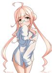  1girl ahoge blush cowboy_shot double_bun glasses hair_bun kantai_collection long_hair long_sleeves looking_at_viewer makigumo_(kancolle) naked_shirt no_pants one-hour_drawing_challenge pink_hair ray.s shirt sleeves_past_wrists solo twintails white_shirt yellow_eyes 