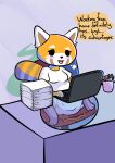 2020 aggretsuko ailurid anthro artificial_flavors blush business chair clothed clothing computer dialogue diaper electronics feces female furniture grunting hi_res laptop mammal on_chair pantsless pooping red_panda retsuko sanrio sigh sitting sitting_on_chair soiled_diaper soiling soiling_diaper solo stink_fumes unclean_diaper used_diaper working x-ray_view