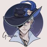  1boy argyle_clothes argyle_hat artist_name black_hat blue_hat border brown_border camellia character_name chest_tattoo chinese_commentary closed_mouth collarbone collared_shirt commentary_request cropped_shoulders diamond_earrings earrings flower giovanni_(infinity_nikki) grey_hair grey_shirt hair_between_eyes hat hat_feather hat_flower highres infinity_nikki jeebywang jewelry lips male_focus neck_tattoo nikki_(series) one_eye_covered outline outside_border purple_background purple_eyes round_border shirt short_hair smile solo stud_earrings tattoo two-sided_fabric two-sided_headwear white_flower white_outline 