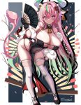  1girl absurdres ahoge animal_ears aqua_streaks bell bent_over black_gloves blush breasts chinese_commentary cleavage commentary_request covered_navel cow_ears cow_girl cow_horns cow_tail cowbell ear_bell folding_fan genshin_impact gloves hair_between_eyes hand_fan hand_on_own_thigh hand_up highres holding holding_fan horns large_breasts long_hair looking_at_viewer multicolored_hair neck_bell parted_lips pelvic_curtain pink_hair purple_eyes see-through_clothes signature solo streaked_hair summercat tail thighhighs varesa_(genshin_impact) variant_set very_long_hair white_thighhighs 