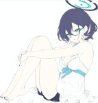 1girl alternate_costume aqua_eyes bare_arms bare_legs bare_shoulders barefoot black_hair black_nails black_shorts blue-framed_eyewear blue_archive blue_halo blush breasts chihiro_(blue_archive) cleavage closed_mouth commentary dress feet frilled_dress frills from_side full_body glasses hair_behind_ear hair_between_eyes halo highres hugging_own_legs knees_up large_breasts looking_at_viewer medium_hair nail_polish semi-rimless_eyewear short_dress shorts simple_background sitting sleeveless sleeveless_dress smile solo thighs toenail_polish toenails toes wa_sumi white_background white_dress 