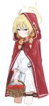  1girl ahoge apple basket belt blonde_hair blue_archive blush bow braid braided_twintails cloak closed_mouth cosplay cowboy_shot cropped_legs dress floral_print food fruit hair_bow hair_ribbon halo haruharu_sensei highres holding holding_basket hood hood_up hooded_cloak little_red_riding_hood_(fairy_tale) little_red_riding_hood_(fairy_tale_character) little_red_riding_hood_(fairy_tale_character)_(cosplay) long_hair low_twintails red_bow red_cloak red_ribbon ribbon short_dress simple_background solo standing thigh_strap twin_braids twintails v_arms white_background white_dress yellow_eyes yellow_halo yoshimi_(blue_archive) 