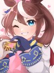  1girl absurdres animal_ears ascot asymmetrical_gloves blue_eyes blue_gloves blush border brown_hair buttons cape double-breasted ear_ribbon epaulettes gloves grin heart heart_hands high_ponytail highres horse_ears horse_girl jacket kurumiya_(krmy_p) long_hair long_sleeves looking_at_viewer mismatched_gloves multicolored_hair multicolored_jacket one_eye_closed open_mouth pink_ascot pink_background ponytail red_cape single_epaulette smile solo streaked_hair teeth tokai_teio_(peak_joy)_(umamusume) tokai_teio_(umamusume) two-tone_hair two-tone_jacket umamusume upper_body white_border white_gloves white_hair white_jacket 