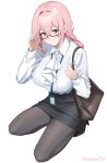  1girl absurdres adjusting_eyewear bag black_pantyhose black_shoes breasts closed_mouth freerun79 glasses high_heels highres id_card lanyard large_breasts office_lady pantyhose pencil_skirt pink_hair purple_eyes shirt shoes shoulder_bag simple_background skirt smile solo squatting tsukishiro_yanagi white_background white_shirt zenless_zone_zero 