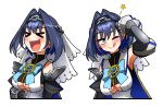  &gt;_&lt; 1girl ;q black_gloves black_shirt blue_bow blue_bowtie blue_cape blue_eyes blue_hair blush bow bow_earrings bowtie breasts cape chain chain_headband closed_eyes clothing_cutout commentary crop_top cropped_torso ddolbang detached_sleeves dojikko_pose earrings fangs gloves hair_intakes hand_on_own_stomach heart-shaped_gem highres hololive hololive_english jewelry large_breasts laughing looking_at_viewer multiple_views one_eye_closed open_mouth ouro_kronii ouro_kronii_(1st_costume) pinstripe_pattern pinstripe_shirt sailor_collar shirt short_hair star_(symbol) tongue tongue_out transparent_background underboob_cutout veil virtual_youtuber white_sailor_collar white_shirt white_veil 