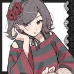  1girl black_border black_choker black_hairband black_ribbon black_shirt bob_cut border choker commentary_request ebizuka_tomo expressionless fingernails fishnet_pantyhose fishnets flipped_hair flower flower_hairband girls_band_cry gothic_punk grey_hair hair_behind_ear hair_flower hair_ornament hairband hand_in_own_hair hand_up knees_up kuji_(orca9ji) lace lace_border long_sleeves loose_clothes loose_shirt multicolored_shirt nail_polish off-shoulder_shirt off_shoulder official_alternate_costume official_alternate_hairstyle open_mouth ornate_border pantyhose parted_bangs red_eyes red_flower red_nails red_rose red_shirt ribbon ribbon_choker rose shirt short_hair side_part simple_background sitting solo spiked_hairband spikes striped_clothes striped_shirt two-tone_shirt white_background wide_sleeves 
