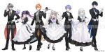  3girls 4boys :d adjusting_clothes adjusting_eyewear adjusting_gloves ahoge alternate_costume amane_amu animal_ear_piercing animal_ears antenna_hair aogiri_eito apron asymmetrical_sidelocks bandaged_ankle black_bow black_bowtie black_coat black_dress black_hair black_necktie black_pants black_pantyhose black_shoes black_suit blue_bow blue_bowtie blue_eyes blue_hair blue_necktie blunt_bangs bow bowtie butler buttons cake candle candlestand cat_ears cat_girl center-flap_bangs center_frills chocolate_cake closed_mouth coat collared_dress collared_shirt colored_tips copyright_notice cross_tie diamond_earrings double-breasted dress ear_piercing earrings enmaided expressionless fang finger_to_mouth food frilled_apron frills fruit full_body ghost glasses gloves grey_coat grey_eyes grey_hair grey_shirt grey_vest hair_behind_ear hair_between_eyes hair_bow hair_ornament hair_over_shoulder hairclip hand_on_eyewear hand_on_own_hip highres holding holding_candlestand holding_teapot holding_tray index_finger_raised itoi_toi_(neo-porte) jewelry juliet_sleeves kuga_leo lapels lineup long_dress long_hair long_sleeves looking_at_viewer looking_to_the_side low_ponytail maid maid_apron maid_headdress mary_janes medium_hair miya_(ete) monocle mullet multicolored_hair multiple_boys multiple_girls neck_ribbon necktie neo-porte notched_lapels official_art open_clothes open_coat open_hand orange_coat orange_hair oxfords pants pantyhose parted_lips piercing pink_bow pink_bowtie pink_eyes pink_hair pink_ribbon pocket_square ponytail puffy_sleeves purple_eyes purple_hair red_coat red_eyes red_ribbon ribbon round_eyewear sample_watermark shibuya_hal shirayuki_reid shirt shoes short_hair sidelocks simple_background single_earring skin_fang skirt_hold smile snowflake_hair_ornament socks sparkle_earrings standing strawberry suit tailcoat teapot towel towel_on_arm traditional_bowtie tray tuxedo_shirt twintails vest virtual_youtuber watermark white_apron white_background white_gloves white_hair white_pantyhose white_shirt white_socks white_vest yozuna_niu 