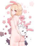  1girl animal_ears arms_behind_back artist_logo ass blonde_hair blush braid breasts flower french_braid from_behind hair_flower hair_ornament highres lewdlux looking_at_viewer looking_back nipples nude original rabbit_ears rabbit_girl rabbit_tail red_eyes small_breasts smile solo standing stuffed_animal stuffed_bunny stuffed_toy tail 