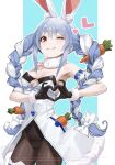  1girl ;) animal_ears artist_name bani-lizo black_gloves black_leotard black_pantyhose blue_hair bow carrot closed_mouth cowboy_shot gloves hair_bow hashtag-only_commentary heart heart_hands highres hololive leotard looking_at_viewer multicolored_hair one_eye_closed pantyhose rabbit_ears rabbit_girl red_eyes smile solo two-tone_hair usada_pekora usada_pekora_(1st_costume) virtual_youtuber white_bow white_hair 