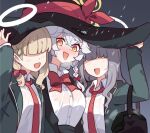  3girls blue_archive blush bow braid breasts eri_(blue_archive) ideolo large_breasts multiple_girls rain shirt wet wet_clothes white_hair white_shirt wildhunt_art_academy_student_(ar)_(blue_archive) wildhunt_art_academy_student_(smg)_(blue_archive) yuri 