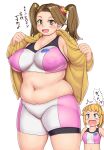  !? 2girls blonde_hair blue_eyes blush breasts brown_eyes brown_hair commentary_request covered_nipples cowboy_shot gundam gundam_build_fighters gundam_build_fighters_try hair_ornament highres hood hood_down hoodie hoshino_fumina large_breasts long_hair looking_at_viewer medium_breasts multiple_girls musical_note navel open_clothes open_hoodie open_mouth orizen plump sazaki_kaoruko simple_background sweatdrop thick_thighs thighs translated twintails upper_body white_background yellow_hoodie 