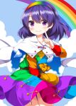  1girl blush cape closed_mouth commentary cowboy_shot dress hairband hand_up highres long_sleeves looking_at_viewer multicolored_dress multicolored_hairband pouch print_cape purple_eyes purple_hair rainbow rainbow_hairband ruu_(tksymkw) short_hair sky_print smile solo tenkyuu_chimata touhou two-sided_cape two-sided_fabric white_cape 
