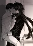  2boys black_sweater blade_(honkai:_star_rail) blush dan_heng_(honkai:_star_rail) earrings hand_on_another&#039;s_ass hand_on_another&#039;s_neck highres honkai:_star_rail honkai_(series) jewelry kiss leg_lock long_hair monochrome multiple_boys no_pants piruru_pi sleeves_rolled_up sweater watch wristwatch 