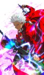  1boy absurdres archer_(fate) black_pants bow_(weapon) dark-skinned_male dark_skin electricity fate/stay_night fate_(series) from_side grey_eyes highres holding holding_bow_(weapon) holding_sword holding_weapon jacket long_sleeves looking_at_viewer male_focus pants red_jacket short_hair solo sparkle sword weapon white_background white_hair yaoshi_jun 