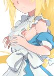  1girl alice_zuberg apron blonde_hair blue_dress blush bow breasts breasts_out closed_mouth commentary_request dress hair_bow head_out_of_frame highres long_hair morisobo nipples off_shoulder puffy_short_sleeves puffy_sleeves short_sleeves sidelocks simple_background small_breasts solo sword_art_online sword_art_online:_alicization very_long_hair white_apron white_background white_bow 