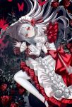  1girl bonnet bow bug butterfly closed_mouth commentary dress flower frilled_dress frills gothic_lolita hair_between_eyes highres juliet_sleeves lolita_fashion long_hair long_sleeves looking_at_viewer lying on_side original pantyhose puffy_sleeves red_bow red_butterfly red_eyes red_flower red_nails red_ribbon red_rose ribbon rose sakizaki_saki-p solo watermark white_dress white_flower white_hair white_pantyhose white_rose 