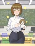  1girl :d borrowed_character breasts brown_hair chalkboard character_doll classroom doll green_eyes highres history_teacher_(lowgradef) medium_breasts medium_hair original skirt smile star_(symbol) wide_hips xyanaid 