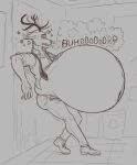  2022 anthro beastars belly big_belly bodily_fluids bottomwear burp_cloud burping capreoline cervid clothed clothing eggo21 footwear fur half-closed_eyes hand_on_stomach hi_res horn hyper hyper_belly inside leaning leaning_against_wall leaning_back leaning_on_wall louis_(beastars) male mammal narrowed_eyes navel necktie obese obese_anthro obese_male open_bottomwear open_clothing open_mouth open_pants open_shirt open_topwear overweight overweight_anthro overweight_male pants reindeer shirt shoes side_view sketch solo standing sweat text topwear 