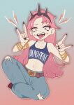  \n/ absurdres armlet belt commentary crazy crazy_smile crossed_legs denim english_commentary highres hololive hololive_english jeans jewelry let&#039;s_just_crash_(gachiakuta) lightning_bolt_symbol long_hair midriff mori_calliope nail_polish nano_(fushide) navel pants piercing pink_hair red_eyes simple_background sitting smile spikes stitched_face stitches tank_top tiara tongue tongue_out tongue_piercing torn_clothes torn_jeans torn_pants very_long_hair virtual_youtuber 