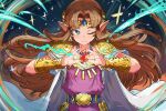  1girl absurdres aura blue_eyes brown_hair cape collarbone copyright_name cowboy_shot dress fake_pointy_ears fire highres ishijimajirou one_eye_closed pink_dress purple_dress solo the_legend_of_zelda white_cape 