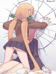  2girls adversarial_noise artist_name ass black_skirt breast_crush commentary crack cracked_wall crushing flower green_ribbon hair_flower hair_ornament hair_ribbon hanazono_hakari highres inda_karane kabedon kangara0117 kimi_no_koto_ga_dai_dai_dai_dai_daisuki_na_100-nin_no_kanojo kneeling leg_warmers long_hair low_twintails miniskirt multiple_girls ohananomitsu_high_school_uniform orange_hair pink_hair pleated_skirt ribbon school_uniform sitting skirt strong twintails twitter_username underbutt very_long_hair yuri 