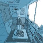  1girl absurdres ball blue_theme bookshelf can chessboard clock commentary_request controller digital_clock drawing_(object) glasses highres holding holding_can hood hooded_jacket hospital jacket monochrome open_clothes open_jacket origami original paper_crane remote_control round_eyewear ryaw short_hair sitting soccer_ball stuffed_animal stuffed_toy table teddy_bear television window 