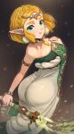  1girl absurdres ass bare_shoulders blonde_hair blue_eyes blush bracelet braid breasts choker cleavage crown_braid dress earrings gonzarez green_eyes headpiece highres holding holding_weapon hyrule_warriors:_age_of_imprisonment jewelry large_breasts looking_at_viewer looking_back off-shoulder_dress off_shoulder open_mouth pointy_ears princess_zelda secret_stone short_hair sleeveless sleeveless_dress solo strapless strapless_dress the_legend_of_zelda the_legend_of_zelda:_tears_of_the_kingdom weapon white_dress 