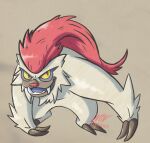 blue_tongue brown_background colored_sclera colored_tongue dated fakemon full_body highres no_humans open_mouth pokelobo pokemon pokemon_(creature) red_eyes vigoroth yellow_sclera 