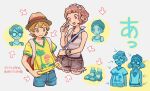  2boys 2girls alolan_exeggutor arrow_(symbol) backpack bag blonde_hair blue_bag blue_pants bracelet brown_eyes brown_hair brown_hat commentary_request cosplay denim dexio_(pokemon) dexio_(pokemon)_(cosplay) elio_(pokemon) grey_shorts hairband handbag hat ikra_(katacoly) jewelry multiple_boys multiple_girls pants pokemon pokemon_sm red_bag selene_(pokemon) shirt short_hair short_sleeves shorts sina_(pokemon) sina_(pokemon)_(cosplay) sleeveless sleeveless_shirt striped_clothes striped_shirt sunglasses t-shirt torn_clothes torn_pants torn_shorts translation_request v-neck yellow_shirt z-crystal z-ring 