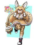  1girl absurdres alternate_tail animal_print bare_shoulders black_shoes blue_background bow bowtie breasts fingerless_gloves gloves highres jonstrange0613 kemono_friends kemono_friends_3 lizard_tail medium_breasts orange_bow orange_bowtie print_gloves serval_(kemono_friends) shoes solo tail two-tone_background two-tone_bow two-tone_bowtie white_background 